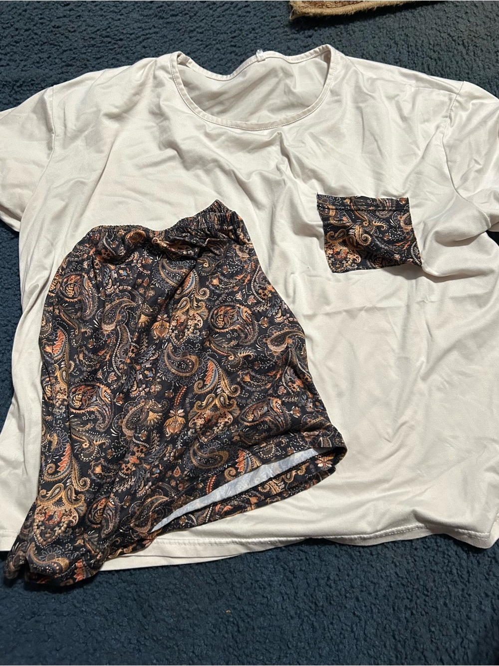 Cream Lounge Top with Paisley Pocket & Matching Paisley Shorts